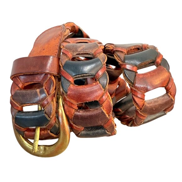 County Seat Multicolor Leather Belt Sz S Rustic Link Woven VTG 70s Brass Buckle main image 9